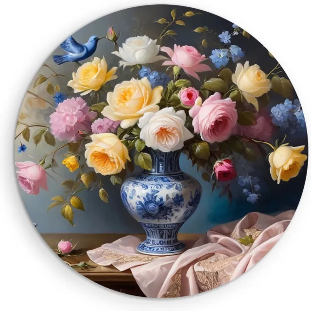 Saammp Muurcirkel Hout - Bloemen Boeket in Blauwe Vaas - Natuur - Abstract - Ø 40 - Wandcirkel - Wanddecoratie Cirkel - Muurdecoratie Woonkamer - Kantoor Decoratie