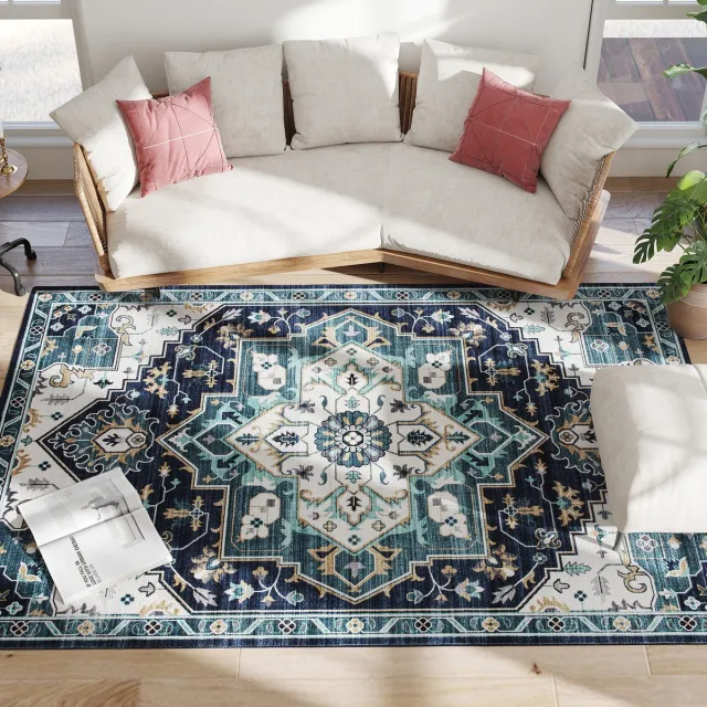 TEKROA Vloerkleed Laagpolig - Carpet - Tapijt - Antislip & Wasbaar Tapijt voor Woonkamer en Slaapkamer - Faux Kasjmier - 230x160 cm - Blauw