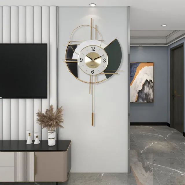 Famanu Grote moderne wandklok zonder tikkend geluid, rond, stil, van metaal, 64 x 44 cm, perfect voor woonkamer en keuken Zwart