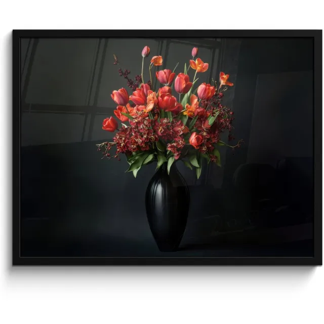 FrameYourWall Poster in lijst - Fotolijst 70x50 cm - Posters - Boeket - Tulpen - Vaas - Rood - Posterlijst zwart - Decoratie - Wanddecoratie woonkamer - Muurdecoratie slaapkamer Boeket - Bloemen 2