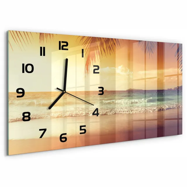 TULUP Wandklok - Tropisch strand Glazen Wandklok Design - 60x30 cm - Oranje Klok Glas Met Opdruk - Zwarte handen - Rechthoekige Klok - Wandklok Glas Met Motief - Decoratieve Glazen Klok