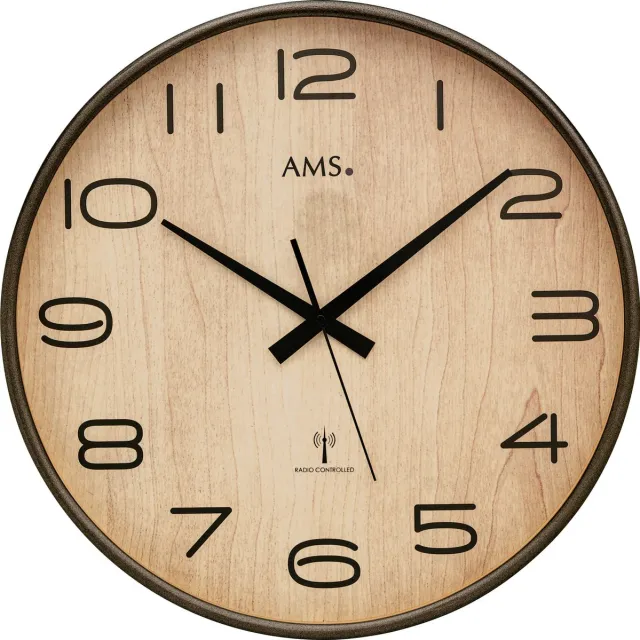 AMS F5523 - Wandklok - Analoog - Hout - Radiogestuurde tijdsaanduiding - Mineraal Glas - Antraciet gelakt - Zwart - Beige - 40 cm ø