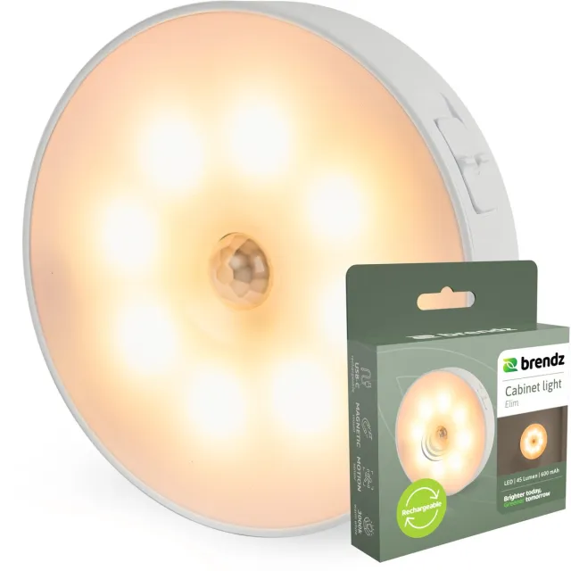 Brendz LED ronde Kastverlichting met Bewegingssensor, USB-C Oplaadbaar, Magnetisch, Warm wit 3000K, Trapverlichting draadloos, Nachtlamp Zilver Sensor