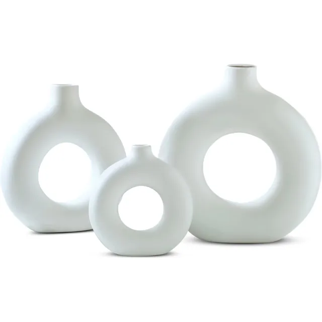 IvoQ Set van 3 Donut Vazen - Wit - Keramiek - Stijlvol & Tijdloos - Voor Woonkamer, Slaapkamer & Kantoor