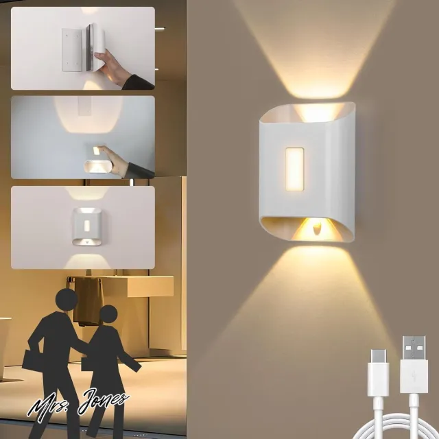 Mrs. Jones Wandlamp zonder stroomaansluiting voor binnen trapverlichting bewegingsmelder draadloze wandlamp oplaadbaar met schakelaar 8 W voor gangen en trappen wit . multi-color