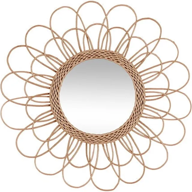 Atmosphera Wandspiegel Caya - Boho/ibiza stijl - bloemdesign - rotan - lichtbruin - rond - 56 cm