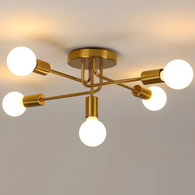 Haobosic 5-lichts E27 plafondlamp - Industriële vintage lamp - Gouden metalen lamp - Geschikt voor woonkamer, keuken, slaapkamer - Energie-efficiëntieklasse E Yellow