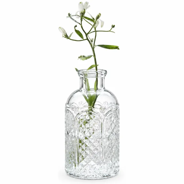 SWGOTA Retro glazen vaasje met boogreliëf - Transparant, smalle hals, 12,8 cm hoog - Voor kunstbloemen - Verpakt in kartonnen doos