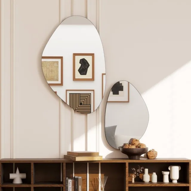 MIVRAY Wandspiegel – 2-Delige Set – 70 x 46 cm en 49,5 x 31 cm – Metaal, MDF en Glas – Zwart – Onregelmatige Vorm – Flexibel Ophangen
