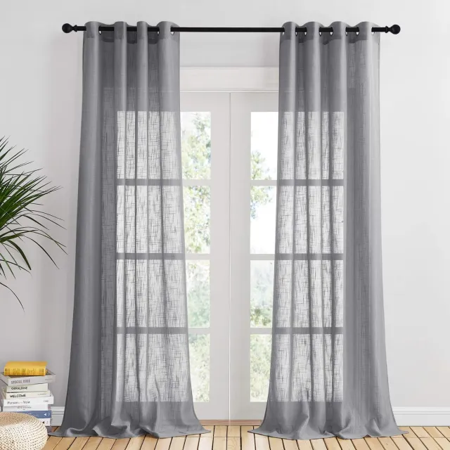 Unyqoos ® Gordijnen Set van Twee Stuks Linnenlook Halftransparant voor Woonkamer en Slaapkamer 240 x 132 cm Donkergrijs