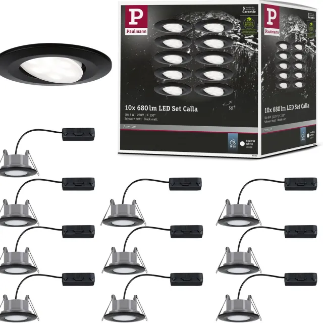 Paulmann LED-inbouwlamp Calla Basisset zwenkbaar IP65 rond 90 mm 30° 10x6W 10x500lm 230V 4000K Zwart mat