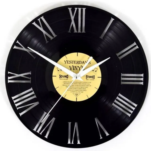 Yesterdays Vinyl Vinyl Klok met Romeinse Cijfers - Gemaakt Van Een Gerecyclede Plaat Zwart