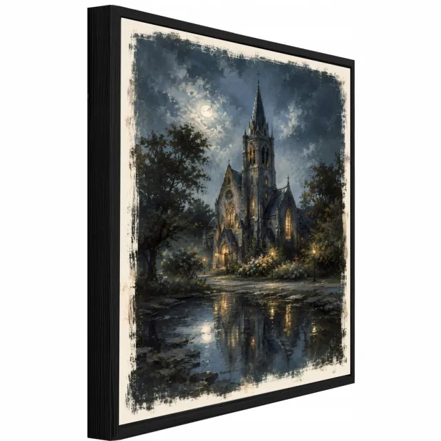 WALLARENA Schilderij op canvas met zwarte lijst - 120x80 cm - gotische kathedraal bij nacht in vintage stijl - voor slaapkamer en woonkamer Blauw