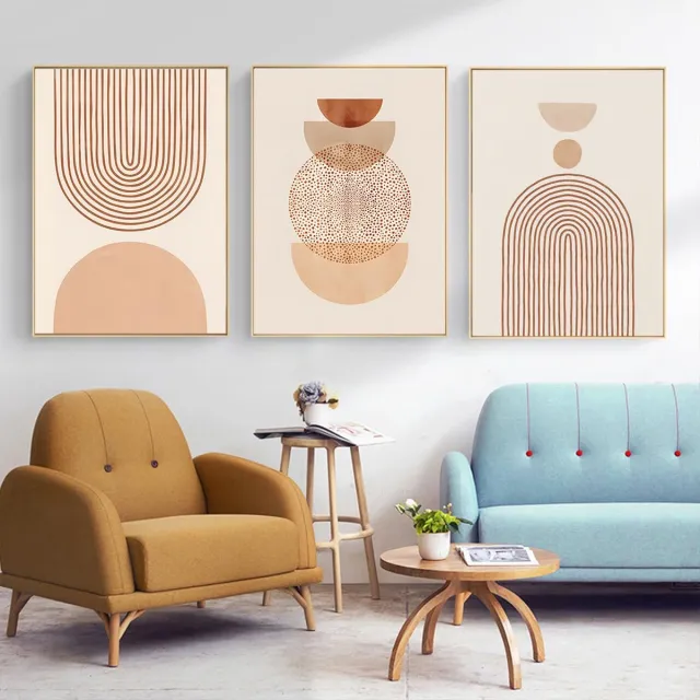 Unyqoos Set van drie abstracte geometrische posters voor stijlvolle wanddecoratie beige