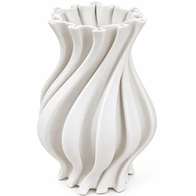 Belamonte Keramische Designvaas Wit Golvend 3D Geprinte Keramiek 18 x 18 x 30,5 cm Beige / Taupe