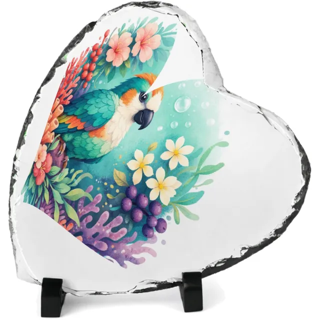 Mr Cadeautjes Leisteen hart 14 x 14 - design Een tropische vogel in een weelderige bloemenzee met bladere | cadeau Wit