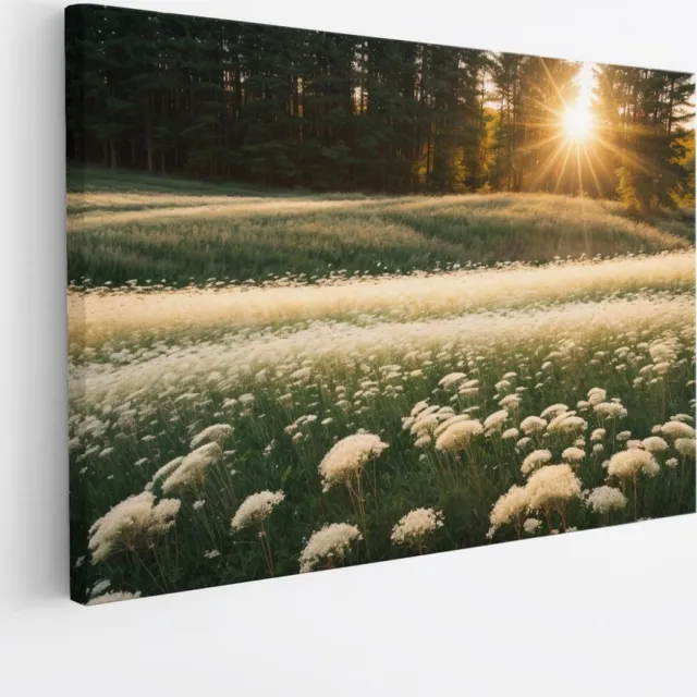 Saammp Canvas Schilderij - Landschap - Witte bloemen in het bos - Natuur - 60x40 - Foto op canvas - Wanddecoratie - Muurdecoratie Woonkamer - Slaapkamer decoratie - Canvas Print Multicolor