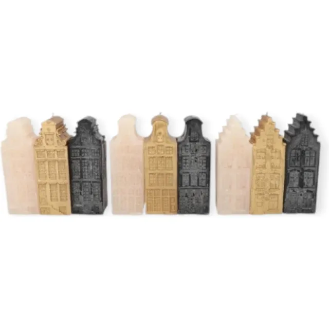 DK design Daan Kromhout - Kaarsen - Set/3 - Hollandse huisjes - Canal houses - Zwart, Goud, Creme - Grachtenpandjes - 6x16cm