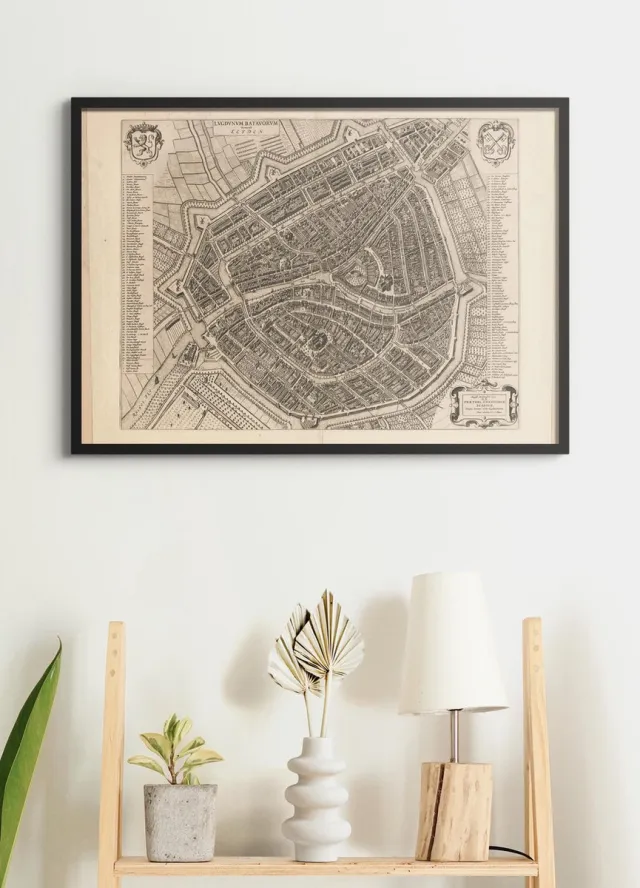 Esque Poster In Zwarte Lijst - Historische Oude Kaart Leiden 1652 - Stadsplattegrond - Large 50x70 Zwart Lijst