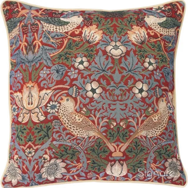 Signare Kussenhoes - Gobelinstof - Strawberry Thief Red - Aardbeien en Vogels - William Morris - 45 cm Rood