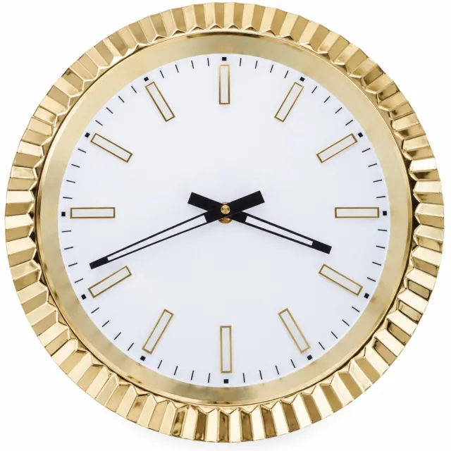 SWGOTA Ronde analoge wandklok goud-wit met staafindexen en geribbelde rand, enkelzijdig