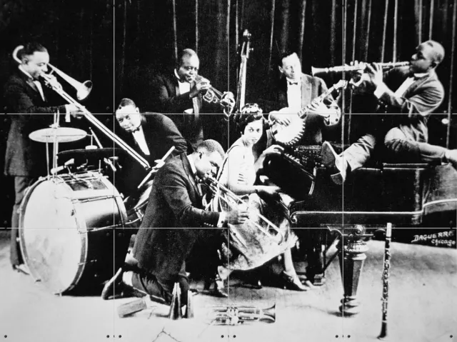IXXI Vintage photo King Oliver's Jazz Band, Bridgeman Images - 80 x 60 cm - Grote wanddecoratie en posters - Fotografie, Klassiek, Vintage, Gang Warme kleuren / Zwart
