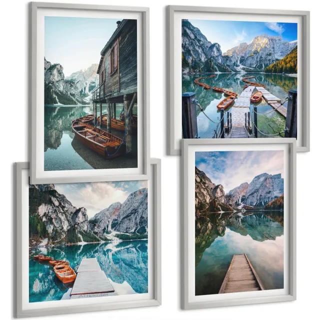 TULUP 4-Delige Schilderij Set - Een rustig meer in de bergen met houten bootjes. - 40 x 40 cm en 40 x 60 cm - Decoratieve Schilderijen - Woonkamer - Interieur - Wanddecoratie Zilveren lijst