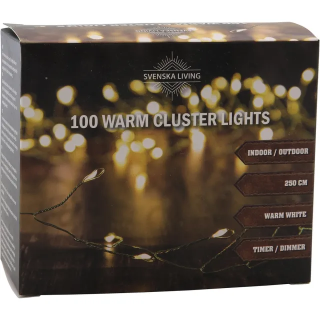 Svenska Living Draadverlichting - cluster - 100 led lampjes - warm wit - 250 cm - clusterverlichting - kerstverlichting lichtsnoer