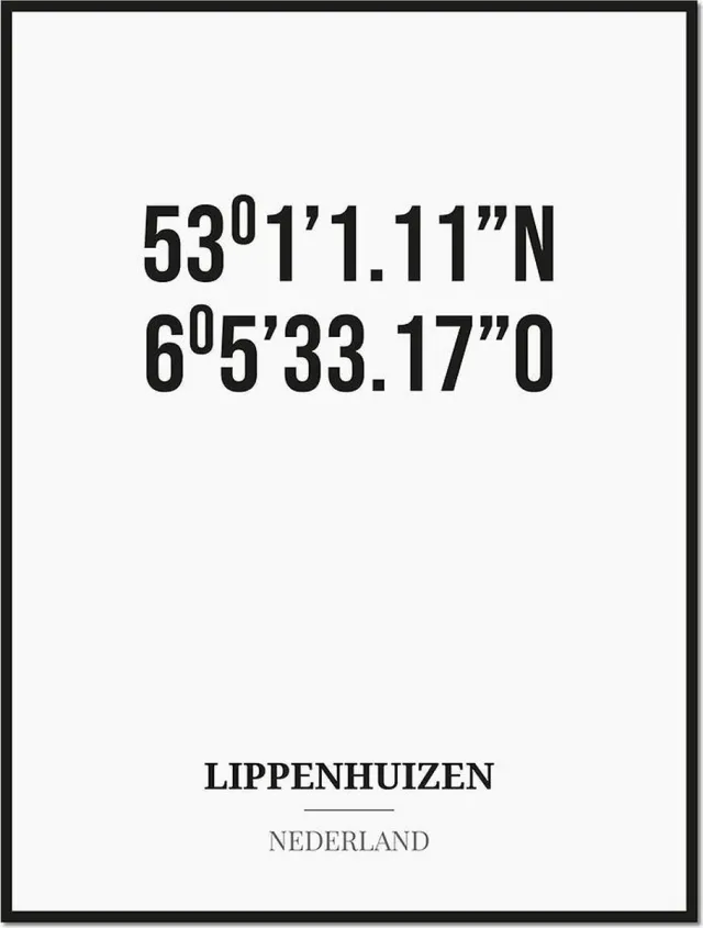 Studio216 Poster/kaart LIPPENHUIZEN met coördinaten zwart, wit