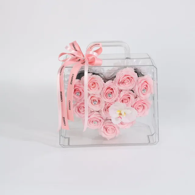 La Roselle Amsterdam Luxe Hart kunstrozen inclusief Transparante Handtas – Roze Rozen & Orchidee - Kerst Kunstbloemen cadeau - feestdagen Blush roze