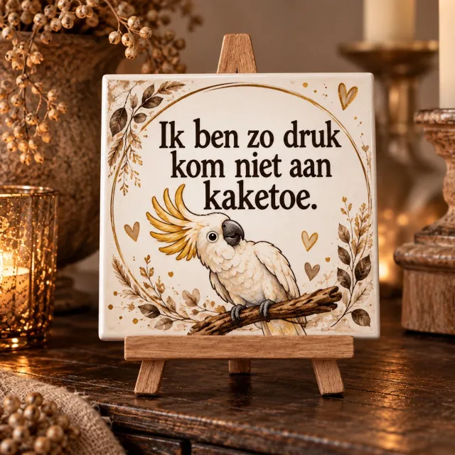 XLX® Spreuk tegeltje - Tekst tegeltje - Tegeltje met tekst: Ik ben zo druk kom niet aan kaketoe - Humor tegeltje - Cadeau Wit Multi