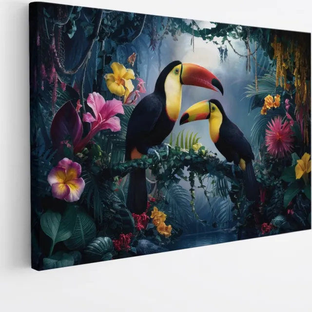 Saammp Canvas Schilderij - 2 toekans tussen de bloemen - Dieren - Bloemen - 90x60 - Foto op canvas - Wanddecoratie - muurdecoratie Woonkamer - Slaapkamer decoratie - Canvas Print Multicolor