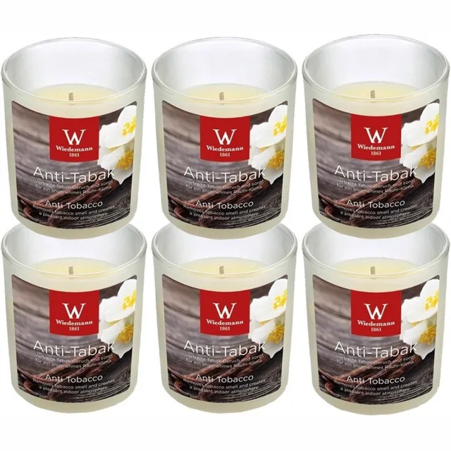 Trend Candles Geurkaars - 6x - in glas - Anti tabac aroma - 25 branduren - 7 x 8 cm - woondecoratie - kaarsen Wit