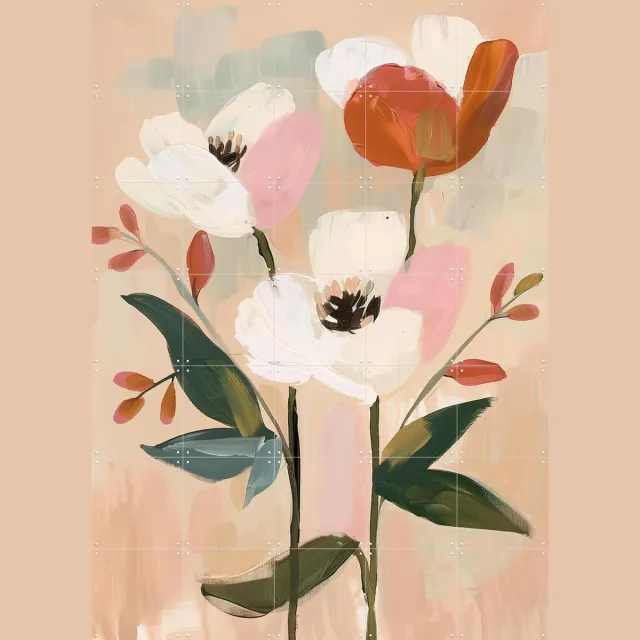 IXXI Soft Blossom, Branka Kodžoman - 100 x 140 cm - Grote wanddecoratie en posters - Modern, Kwaststreken, Eetkamer, Woonkamer, Slaapkamer, Gang Beige / Roze / Oranje