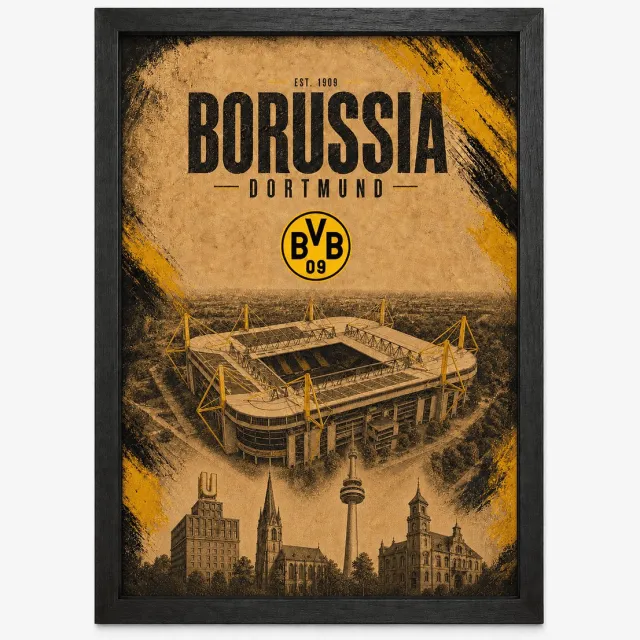 Joshimo Borussia Dortmund Poster | BVB Stadion & Dortmund Wanddecoratie | Inclusief Zwarte A4 Lijst | Voetbalposter