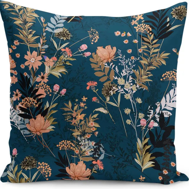 De Groen Home BLOEM - Sierkussen velvet 50x50 cm - Bloemen op donkerblauw - Inclusief binnenkussen - Fluweel - Kussensloop