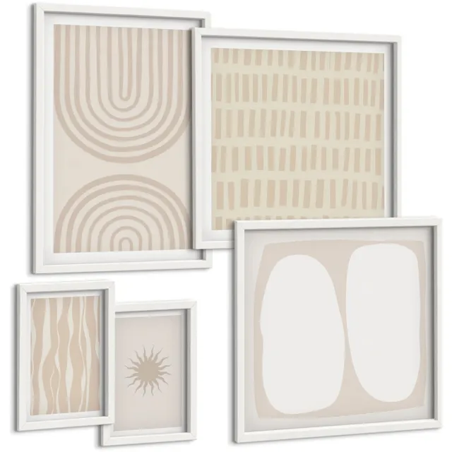 Coloray 5-Delige Schilderij Set - Stijlvolle Abstracte Vormen In Natuurlijke Tinten. - 50 x 50 cm, 20 x 30 cm En 40 x 60 cm - Muurdecoratie - Decoratieve Schilderijen - Wohnzimmer Witte lijst