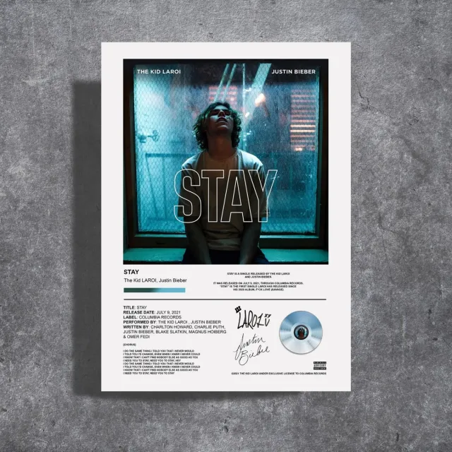 Luxe poster The Kid Laroi - Justin Bieber - Stay - Metalen poster - 30x40cm Blauw