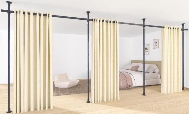 Famanu Ruimteverdeler paraventframe, 3-delig, flexibel verstelbaar, ideaal als gordijnroede of inkijkbescherming voor woonkamer en slaapkamer Zwart