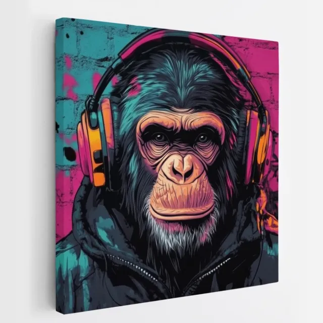 Saammp Canvas Schilderij - Aap - Grafitti - Abstract - Dier - 60x60 - Foto op canvas - Wanddecoratie - Muurdecoratie Woonkamer - Slaapkamer decoratie - Canvas Print Multicolor