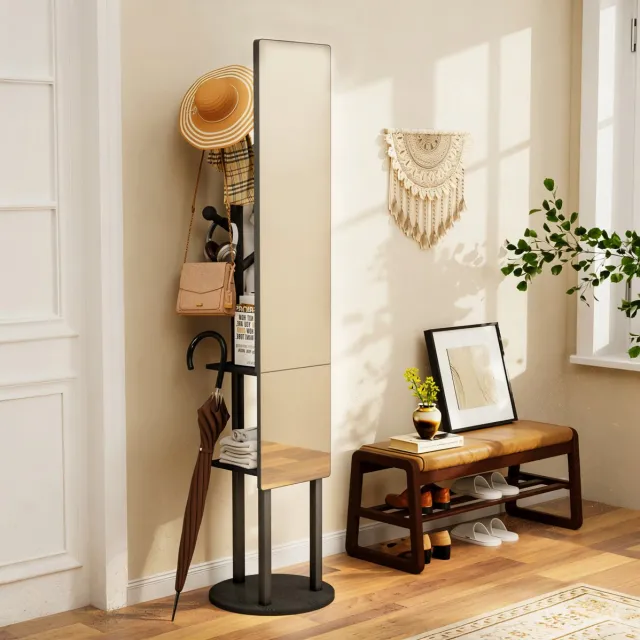MODENUIT Kledingrek 360° Draaibaar Met Spiegel En Opbergruimte 174 X 40 Cm Spaanplaat Staal Zwart Voor Slaapkamer En Hal Black