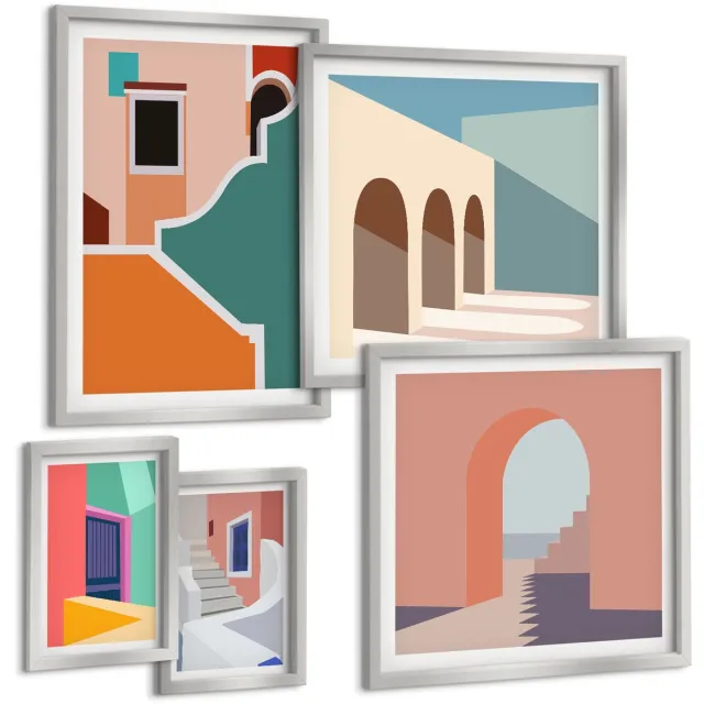 TULUP 4-Delige Schilderij Set - Kleurrijke illustraties van gebouwen in een moderne stijl. - 50 x 50 cm, 20 x 30 cm en 40 x 60 cm - Wanddecoratie - Schilderijen Set - Kantoor - Woonkamer Decoratie Zilveren lijst