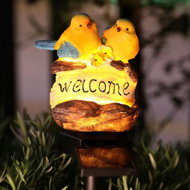 Houss Solar Tuinlamp – Welkomstlamp met Vogels – Decoratieve Buitenverlichting – Geel – 39 cm – Op Zonne-energie