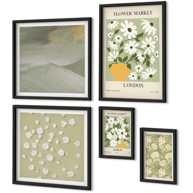 Coloray 5-Delige Schilderij Set - Bloemmotieven Tegen De Achtergrond Van Stadspleinen En Landschappen - 50 x 50 cm, 20 x 30 cm En 40 x 60 cm - Wanddecoratie - Moderne Interieurdecoratie - Decoratieve Schilderijen Zwarte lijst