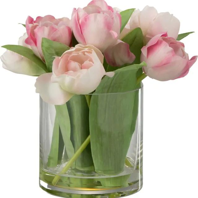 J-Line kunstbloem Tulpen in vaas - kunststof/glas - roze - large