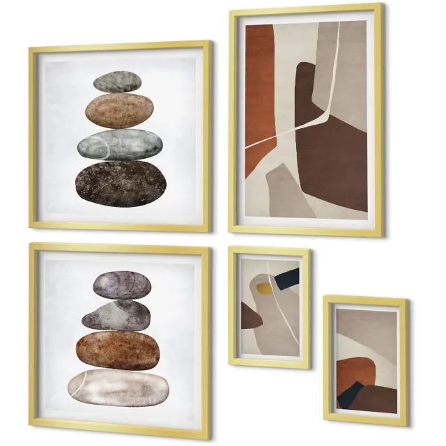 Coloray 5-Delige Schilderij Set - Abstracte Boho-Schildervormen In Moderne Stijl - 50 x 50 cm, 20 x 30 cm En 40 x 60 cm - Muurdecoratie - Schilderijen Set - Woonkamer - Stijlvolle Muurdecoratie Gouden lijst