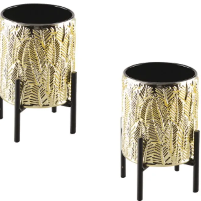 Aulica Set Kandelaar bladeren op voet- GOUD/ZWART - 9,5x9.5x12.5cm - set 2 stuks Goud - Zwart