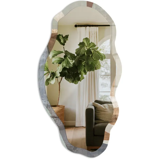 TULUP Organische Vormen Spiegel - Bruin Moderne Rechthoekige Wandspiegel - Organische Spiegel - Woonkamer, Kantoor, Slaapkamer - Geometrisch - 45x90 cm - Totale afmeting 52x97 cm Organische Vormen, Bruin