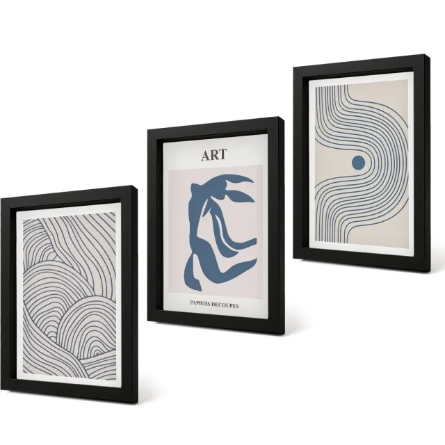 Coloray 4-Delige Schilderij Set - Abstracte patronen van lijnen en vormen in blauwe tinten - 20 x 30 cm - Muurdecoratie - Interieur Decoratie - Wanddecoratie Zwarte lijst