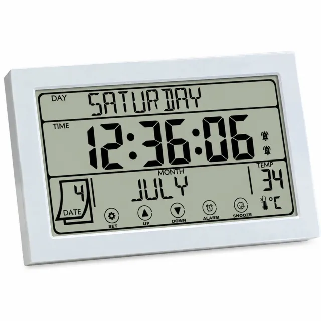 SWGOTA Digitale wekker met LCD, Engelse weekdag en maand, datum- en temperatuurweergave - Wit - Op batterijen - Wand- of tafelmodel - 20,2 x 12,4 x 2,2 cm
